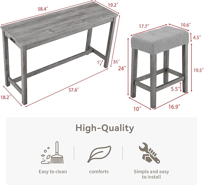 LKTART 4 Piece Bar Table Set Dining Bar Table and Chairs Set with Power Outlet Industrial Breakfast Table with 3 Padded Stools Rustic Bar Kitchen Dinning Room Living Room Grey