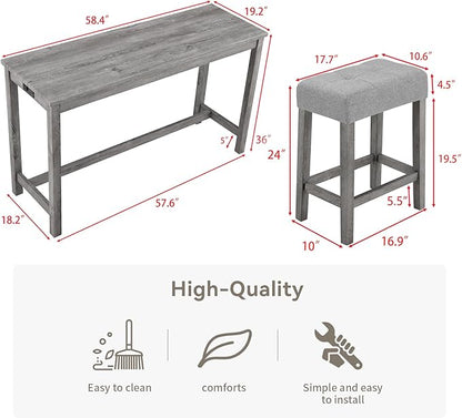 LKTART 4 Piece Bar Table Set Dining Bar Table and Chairs Set with Power Outlet Industrial Breakfast Table with 3 Padded Stools Rustic Bar Kitchen Dinning Room Living Room Grey