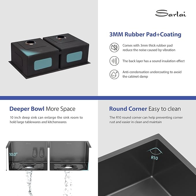 Sarlai 33 Inch Black Undermount Kitchen Sink Double bowl- 33x19 Undermount Double Bowl Kitchen Sink Gunmetal Black Stainless Steel 16 Gauge Sink 50/50 Under Counter Sinks Basin with Accessories