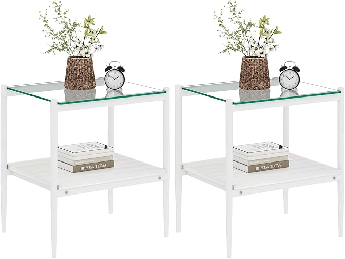 Set of 2 Glass End Table, 2-Layer Glass Living Room Table, Modern Tea Table Side Tables for Home Office Furniture