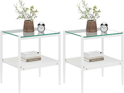 Set of 2 Glass End Table, 2-Layer Glass Living Room Table, Modern Tea Table Side Tables for Home Office Furniture