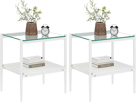 Set of 2 Glass End Table, 2-Layer Glass Living Room Table, Modern Tea Table Side Tables for Home Office Furniture