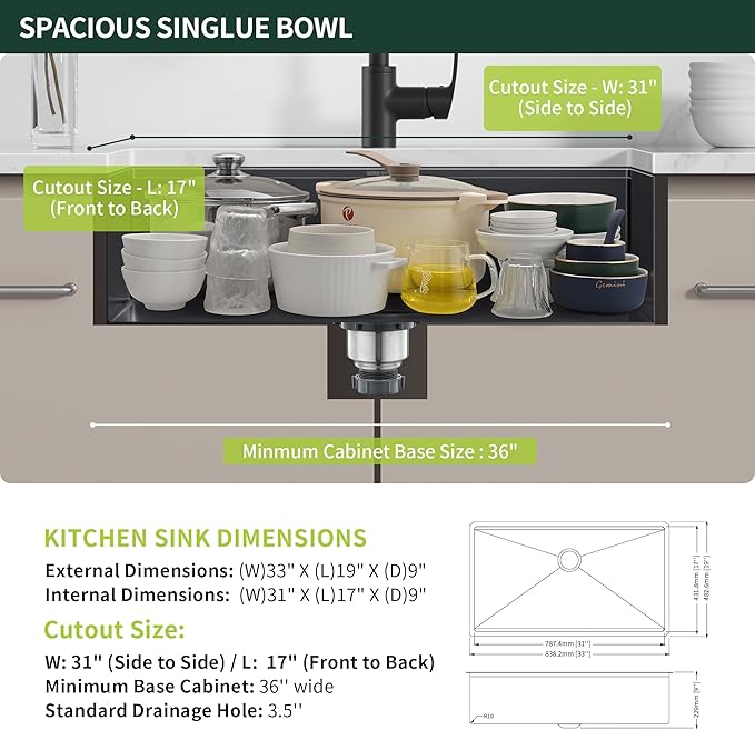 33-inch Black Undermount Kitchen Sink Workstation, SINKVINE 33x19 Large Outdoor Prep Sink, PVD Nano Stainless Steel Single Bowl w/Wood Cutting Board, SST Colander, and Roll-up Dish Drying, Dark Gray