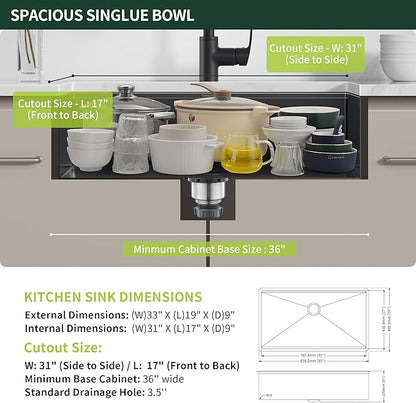 33-inch Black Undermount Kitchen Sink Workstation, SINKVINE 33x19 Large Outdoor Prep Sink, PVD Nano Stainless Steel Single Bowl w/Wood Cutting Board, SST Colander, and Roll-up Dish Drying, Dark Gray