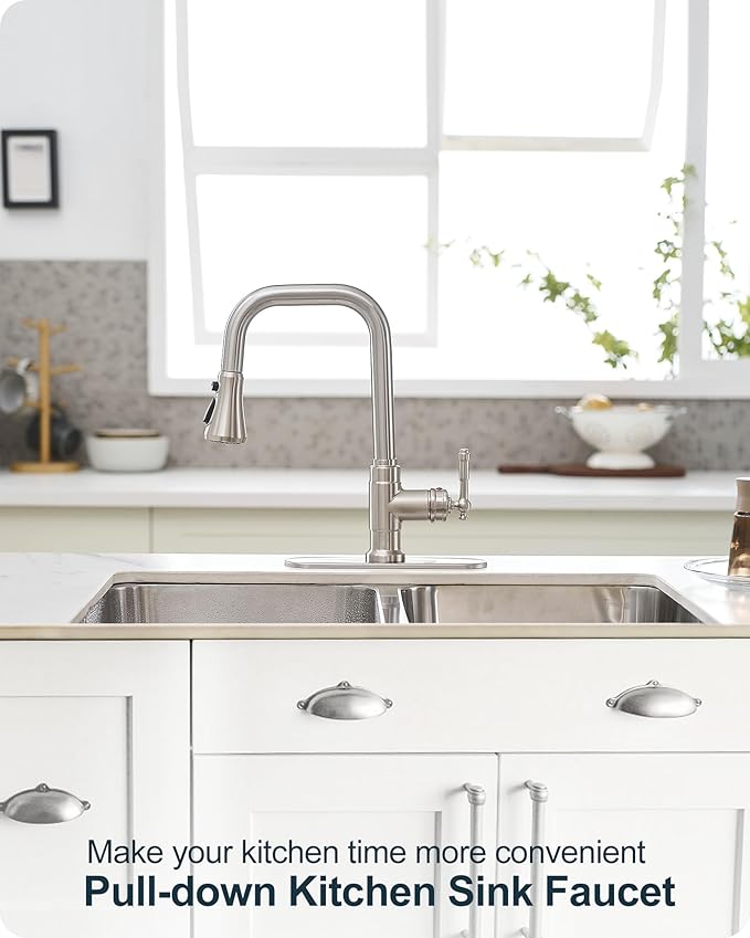 Brushed Nickel Kitchen Faucet with Sprayer, 3 Modes Pull Down Kitchen Sink Faucets, 304 Stainless Steel Suit 3 Hole or 1 Hole with Deck Plate & Pipes