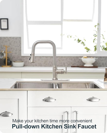 Brushed Nickel Kitchen Faucet with Sprayer, 3 Modes Pull Down Kitchen Sink Faucets, 304 Stainless Steel Suit 3 Hole or 1 Hole with Deck Plate & Pipes