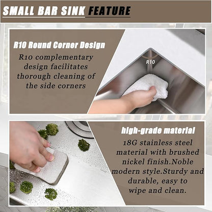 15 Inch Undermount Bar Sink, 15x15 Bar Sink Undermount Stainless Steel Small Wet Bar Sinks 18 Gauge Single Bowl Kitchen Prep Sinks with Basket Strainer