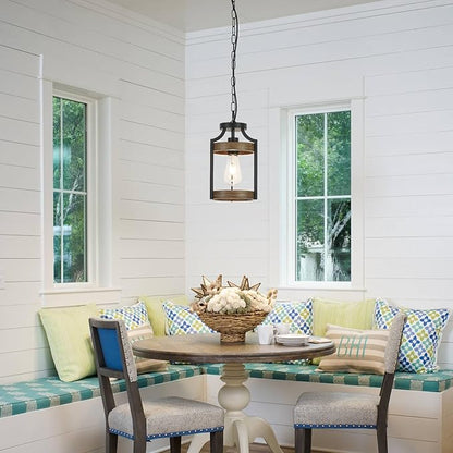 Farmhouse Pendant Light, Rustic Wood Metal Light Fixtures with Adjustable Hanging Chain, Small Pendant Lighting for Kitchen Island, Dining Room, Entryway, Cafe & Bar, 1 Pack