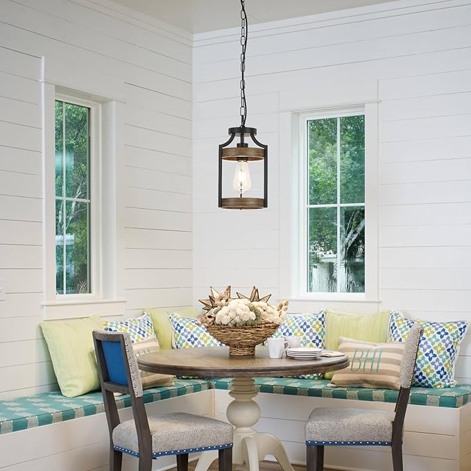 Farmhouse Pendant Light, Rustic Wood Metal Light Fixtures with Adjustable Hanging Chain, Small Pendant Lighting for Kitchen Island, Dining Room, Entryway, Cafe & Bar, 3 Pack