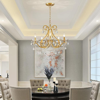 WUZUPS Crystal 5-Light Candle Chandelier Pendant Flushmount Ceiling Light Modern Lighting Fixture for Bedroom Hallway Bar Kitchen Bathroom, H 20.9" x W 21.7", Gold, E12 Base