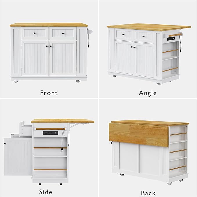 Ball & Cast 48" Large Kitchen Island with Power Outlet and Adjustable Shelf,Rolling Kitchen Cart on 5 Wheels W/Drop Leaf & 5 Open Side Racks,Kitchen Storage Cart for Dining Room,White,48"