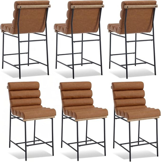 Brown Pu Leather Bar stools Set of 6, 25” Modern Upholstered Counter stools with Black Metal Legs, Armless Counter Height Chairs with Channel Tufted Back for Kitchen Island Home Pub