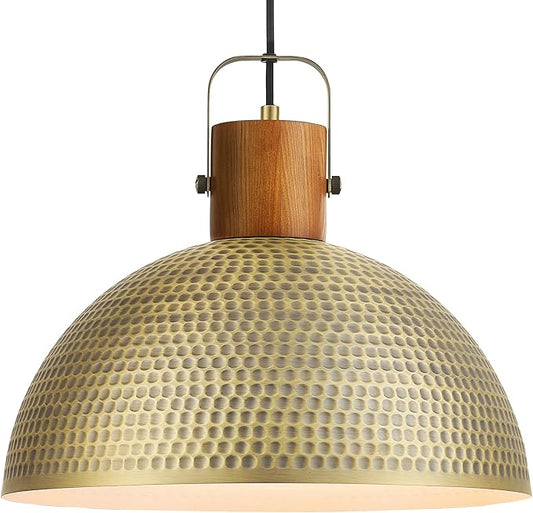 ELYONA 16 Inch Large Hammered Pendant Light Fixtures Ash Wood Vintage Dome Hanging Lamp Antique Gold Metal Kitchen Chandelier for Island, Farmhouse Dining Room Living Room Hallway Brushed Brass