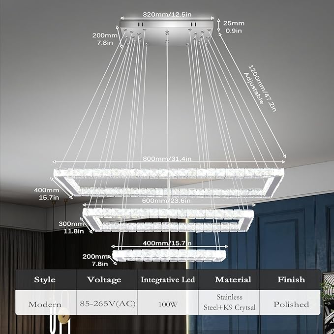 Finktonglan 31.4 inch Modern Crystal Chandelier, 3 Rectangular LED Rings Chandeliers Pendant Ceiling Light for Dining Room Kitchen Island Stair Well (6000K Cool White)