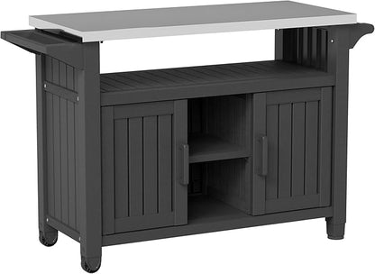 Bifanuo Resin Outdoor Kitchen Island with Stainless Steel Top & Storage Cabinet for Kitchen Prep, Weatherproof Outdoor Grill Table/Cart for BBQ Food Prep, Black