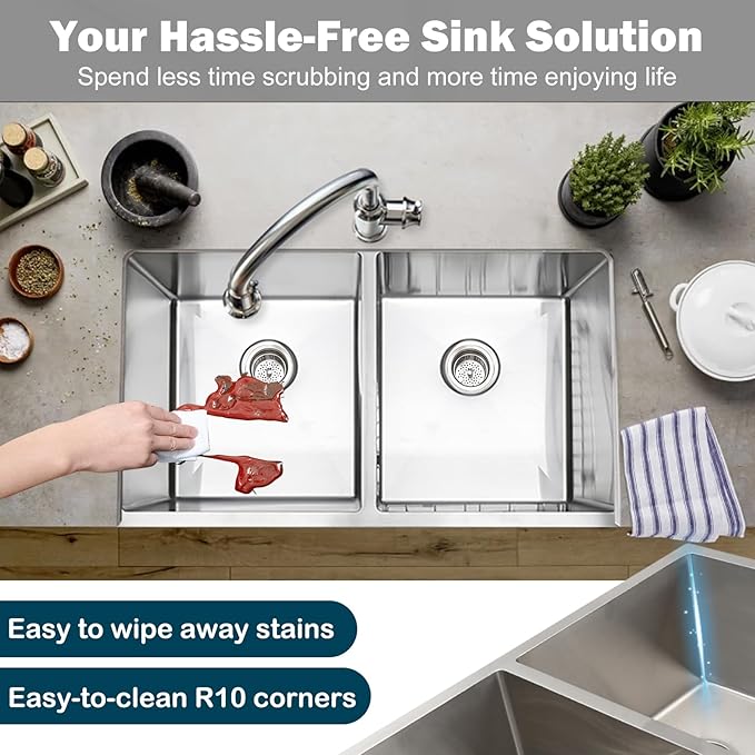 SANYCASA 33 Inch Double Bowl Kitchen Sinks with Quick Drain Slope - 11 Gauge (3mm) 304 Stainless Steel Undermount Kitchen Sink with Accessories