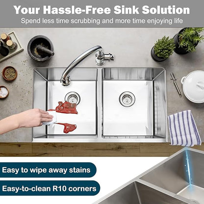 SANYCASA 33 Inch Double Bowl Kitchen Sinks with Quick Drain Slope - 11 Gauge (3mm) 304 Stainless Steel Undermount Kitchen Sink with Accessories