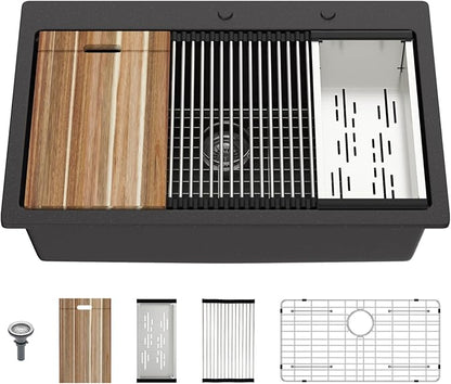 Mocoloo 33 Inch Drop in Workstation Kitchen Sink, 33x22 Matte Black Granite Composite Quartz Single Bowl Topmount Ledge Sink Above Counter