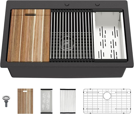Mocoloo 33 Inch Drop in Workstation Kitchen Sink, 33x22 Matte Black Granite Composite Quartz Single Bowl Topmount Ledge Sink Above Counter