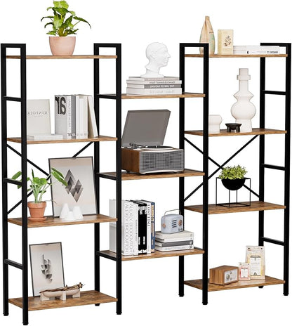 GRUSIGN Triple 4 Tier Book Shelf, Modern Bookcase Shelf, Freestanding Large Display Shelves for Living Room/Office/Garage, Stable Large Bookshelf with Storage for Books/LEGO/Plants, Rustic Brown