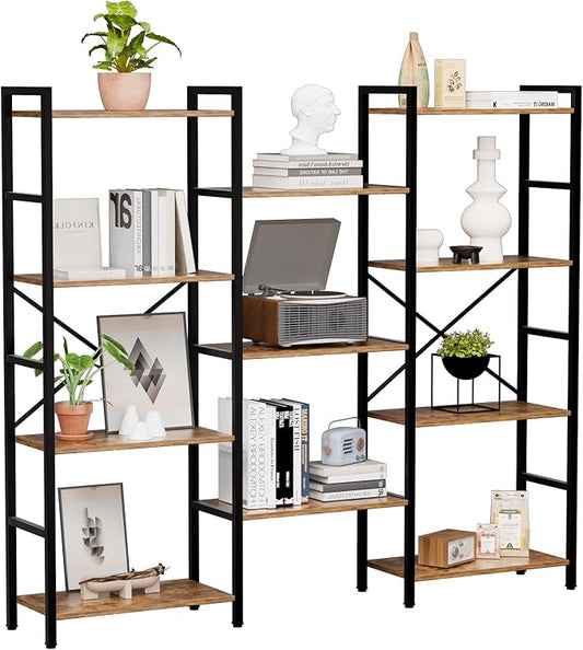 GRUSIGN Triple 4 Tier Book Shelf, Modern Bookcase Shelf, Freestanding Large Display Shelves for Living Room/Office/Garage, Stable Large Bookshelf with Storage for Books/LEGO/Plants, Rustic Brown