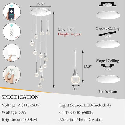 12 Light High Ceiling Crystal Chandelier Dimmable LED Pendant Lights with Remote Adjustable Chandeliers for Foyer Staircase Living Room Silver