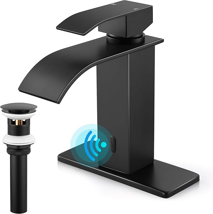 Touchless Bathroom Sink Faucet, Herogo Automatic Sensor Matte Black Waterfall Stainless Steel Bathroom Faucet with Brass Pop Up Drain for Vanity RV Lavatory Farmhouse