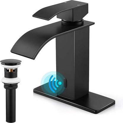Touchless Bathroom Sink Faucet, Herogo Automatic Sensor Matte Black Waterfall Stainless Steel Bathroom Faucet with Brass Pop Up Drain for Vanity RV Lavatory Farmhouse