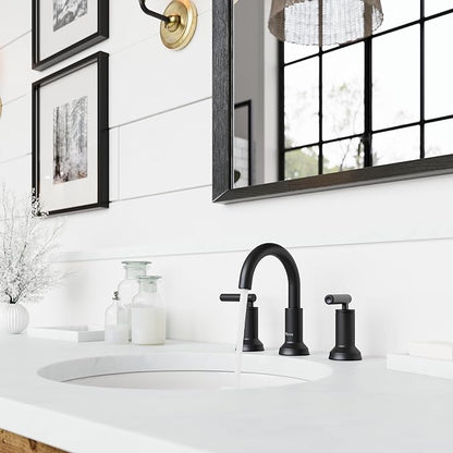 Pfister Capistrano 8 in Widespread 3 Hole Matte Black Bathroom Sink Faucet with 2 Handles, Push & Seal Drain, NSF Certified, Spot Defense Finish for Vanity LF049CSOSDB