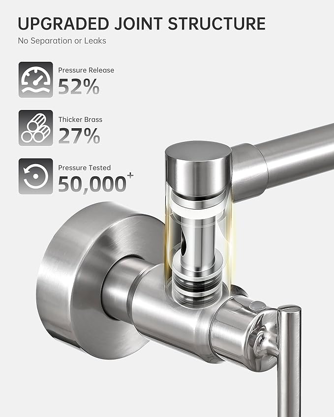 Fransiton Pot Filler, Brushed Nickel Pot Filler Faucet Wall Mount, Brass Folding Stretchable with Double Joint Swing Arm Single Hole Two Handles Kitchen