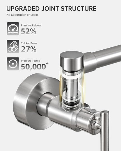 Fransiton Pot Filler, Brushed Nickel Pot Filler Faucet Wall Mount, Brass Folding Stretchable with Double Joint Swing Arm Single Hole Two Handles Kitchen