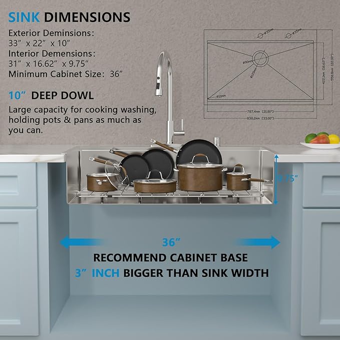 33"x22" Drop In Kitchen Sink Ledge Workstation – 16 Gauge 304 Stainless Steel Above Counter Deep Single Bowl Top Mount Sink Basin