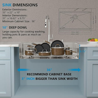 33"x22" Drop In Kitchen Sink Ledge Workstation – 16 Gauge 304 Stainless Steel Above Counter Deep Single Bowl Top Mount Sink Basin