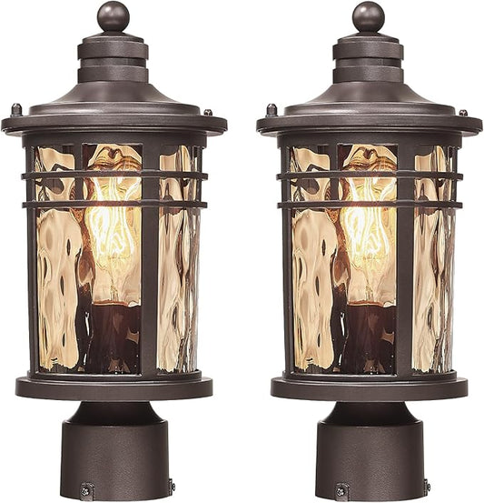 Darkaway Outdoor Post Light,2pcs Lamp Post Light Fixture, Waterproof Aluminum Housing with Amber Ripple Glass for Garden Patio Pathway Entry