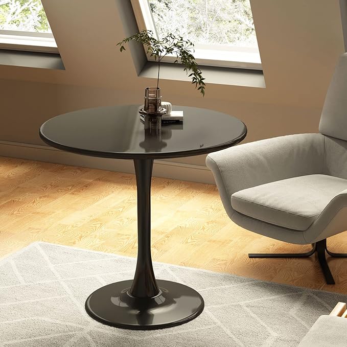 Round Dining Table 24" Circle Tulip Table with Wood Thickened Tabletop & Sturdy Metal Pedestal Mid Century Modern Leisure Bistro Kitchen Tables 2 People Small Places Living Room Cafe,Black