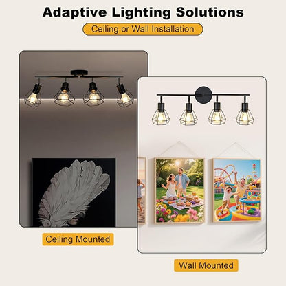 HiBay 4-Light Track Lighting Farmhouse, Directional Ceiling Track Light Fixtures Black, Industrial Flush Mount Spotlight for Kitchen, Dining Room, Bedroom, E26 Base (Bulbs Not Included)