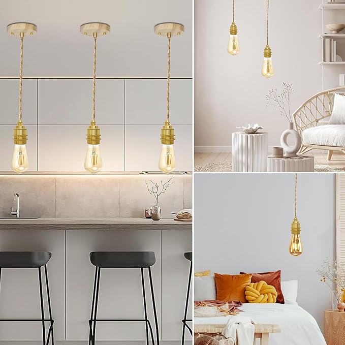 Wood Pendant Light Kit, Mini Pendant Lamp Fixture, Hemp Rope Hanging Lamps Cord Adjustable, E26 Lamp Socket Vintage Ceiling Light Hanging Lighting for Farmhouse Bedroom Chandelier, Bulb Not Included