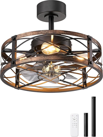 EDISHINE 20 Inch Fandelier Caged Ceiling Fans with Lights and Remote, 10%-100% Dimmable, Rustic Bladeless Ceiling Fan, Small Farmhouse Fan Lights Ceiling Fixtures for Kitchen, Bedroom-Brushed Gold