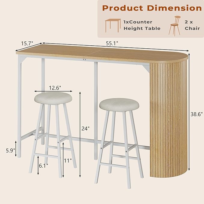 Fluted Bar Table and Chairs Set, 55'' Long Bar Tables with 2 Stools, 3 Piece Counter Height Dining Table for 2, Space Saving Kitchen Table for Bar, Dining Room, Kitchen, Breakfast Nook Corner, Natural