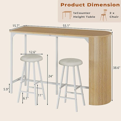Fluted Bar Table and Chairs Set, 55'' Long Bar Tables with 2 Stools, 3 Piece Counter Height Dining Table for 2, Space Saving Kitchen Table for Bar, Dining Room, Kitchen, Breakfast Nook Corner, Natural