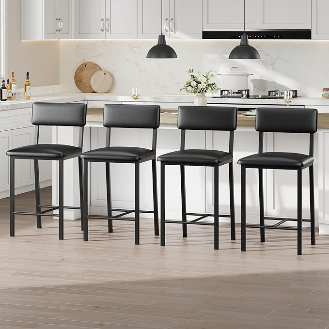 GarveeHome Bar Stools Set of 4 w/Soft Back and Upholstered Seat, 24.8 Inches Counter Height Barstools with Footrest & Thickened Metal Legs, for Kitchen Island, Bar, Black