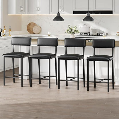 GarveeHome Bar Stools Set of 4 w/Soft Back and Upholstered Seat, 24.8 Inches Counter Height Barstools with Footrest & Thickened Metal Legs, for Kitchen Island, Bar, Black