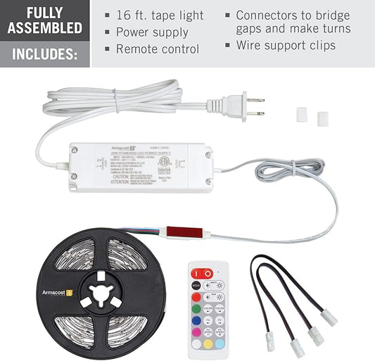 Armacost Lighting RibbonFlex Home 24V RGB+W Hardwire LED Strip Light Kit, Multicolor, 16 ft (423511)