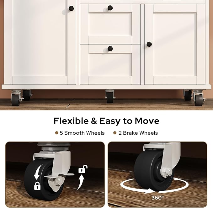 knoworld Rolling Kitchen Island with Storage Cabinet, 41.3'' Width Kitchen Cart with Desktop Drop Leaf Countertop, Portable Mobile Island with Towel Rack, Spice Rack Shelf, White