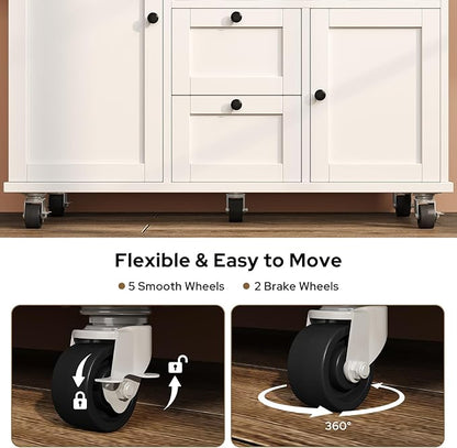knoworld Rolling Kitchen Island with Storage Cabinet, 41.3'' Width Kitchen Cart with Desktop Drop Leaf Countertop, Portable Mobile Island with Towel Rack, Spice Rack Shelf, White