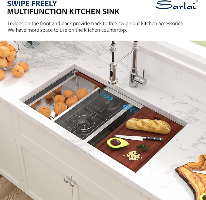 33 Undermount Double Kitchen Sink - Sarlai 33 Inch Kitchen Sink Stainless Steel 16 Gauge Undermount Ledge Workstation Double Basin 50/50 Low Divide Under Counter Sinks Basin