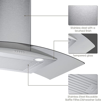 30 Inch Wall Mounted Curved Glass Range Hood with 450 CFM,Stainless Steel kitchen Ductless/Ducted Convertible with 3 Speed Controls,Permanent Baffle Filters and 2 LED Lights