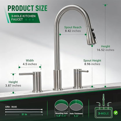 2 Handle Kitchen Faucet with Pull Down Sprayer, 3 Hole Kitchen Sink Faucet with Separate Hot and Cold Handle,3 Mode Spray High Arc Brushed Nickel Kitchen Faucets