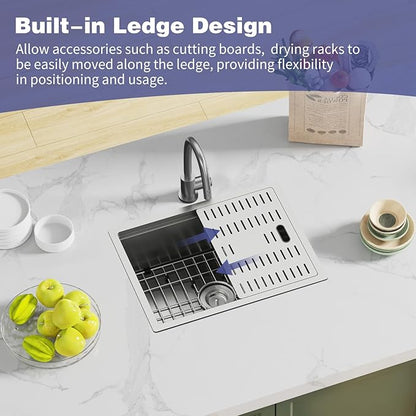 24x18 Inch Kitchen Sink With Dual Cover-Stainless Steel Undermount Single Bowl Kitchen Sink Built-in Ledge Drop In Workstation Sink Fully Covering Sink To Create Temporary Workspace/Drainage Area