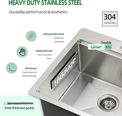 Kitchen Sink, 21 x 20 x 10 Drop in Kitchen Sink 16 Gauge Stainless Steel Kitchen Sinks Single Bowl Workstation Sink with Cutting Board